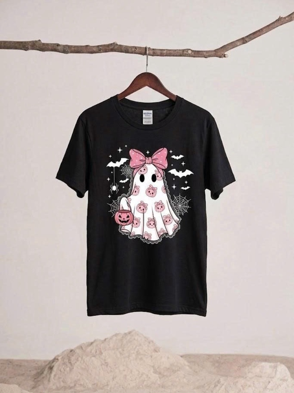 Cute Coquette Pink Bow Ghost Graphic T-Shirt Spooky Season Halloween Black Tee